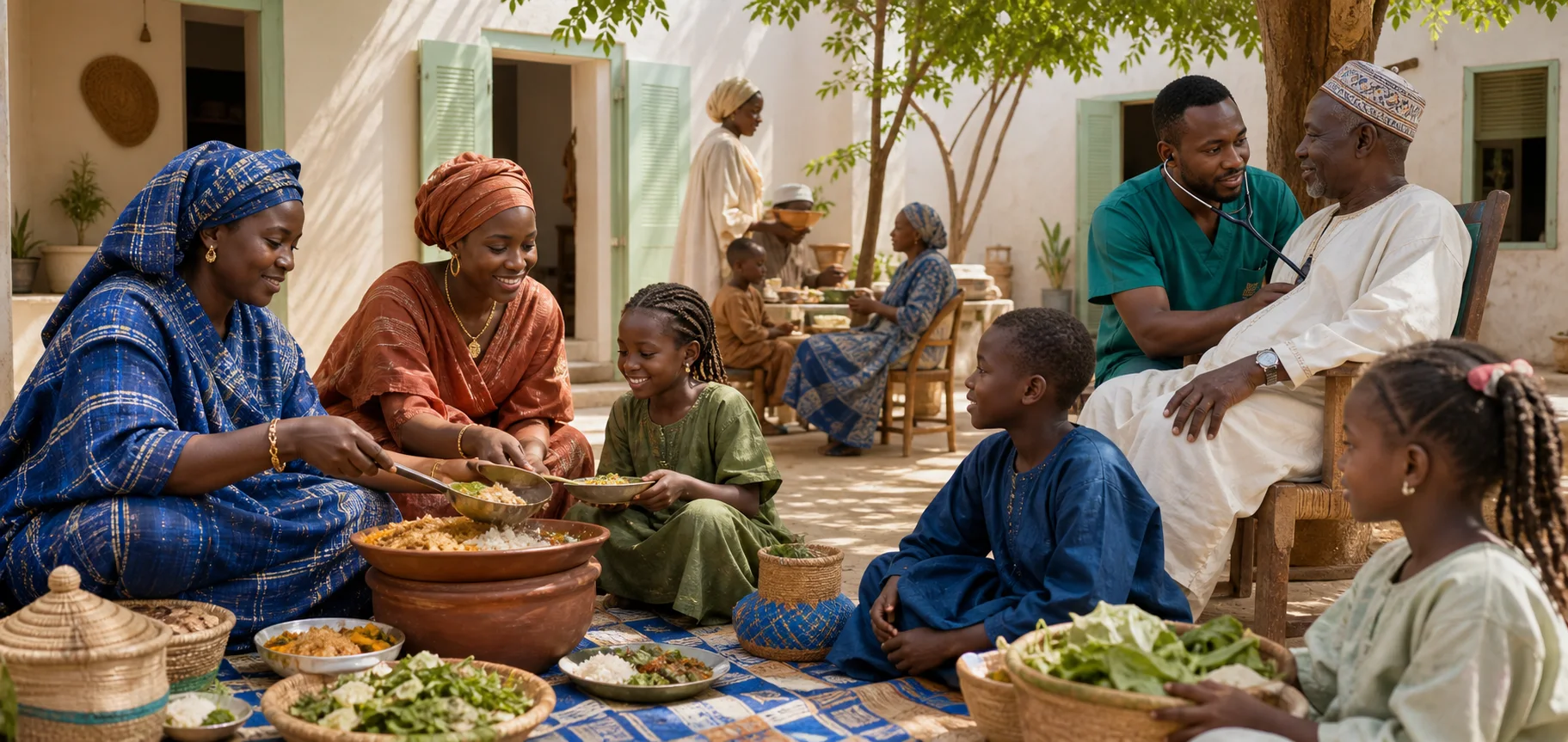 Representative Soninke family sharing food while an elder receives a wellness check