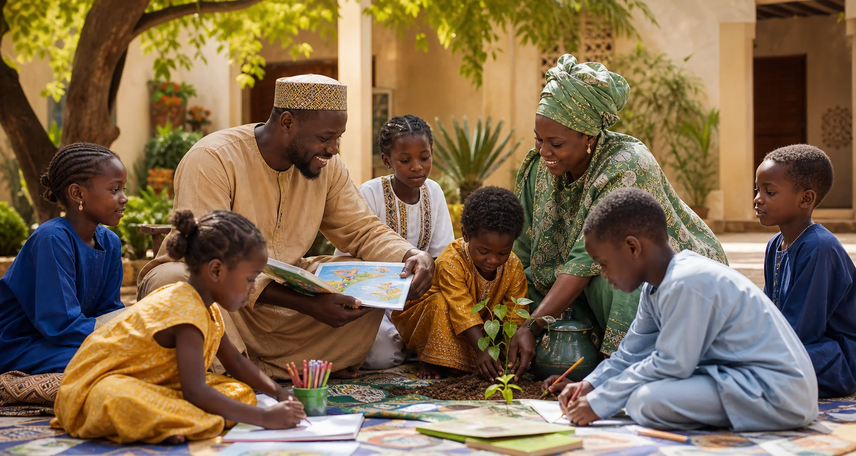 Representative Senegalese mentors and children learning together in a safe courtyard