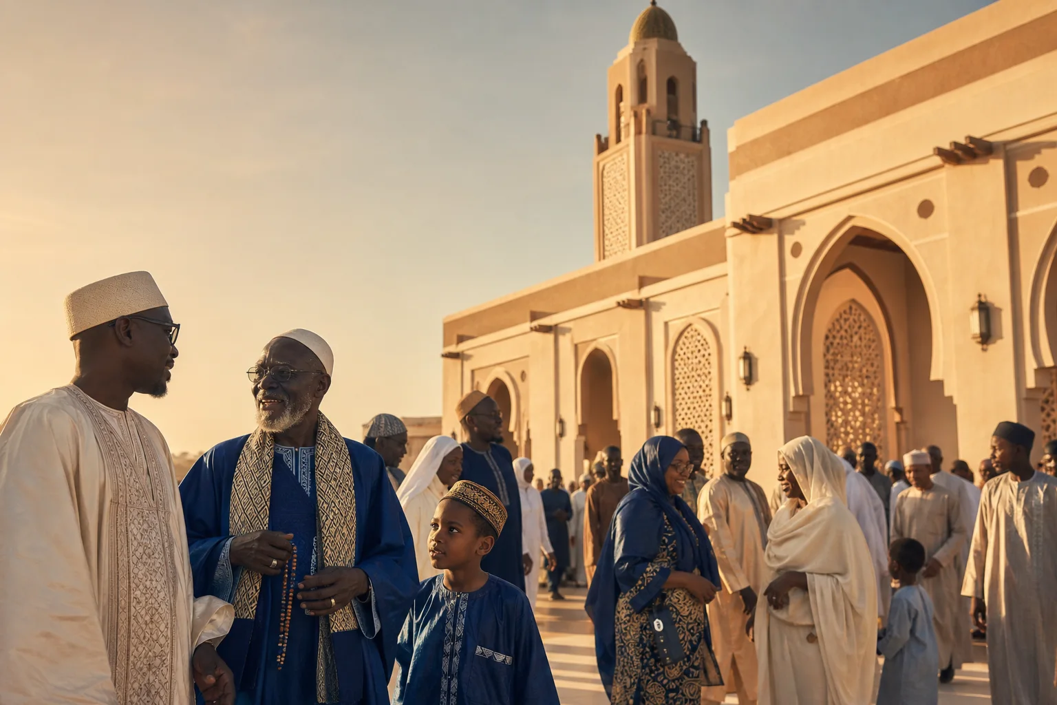 Representative Soninke community gathering outside a mosque in Senegal
